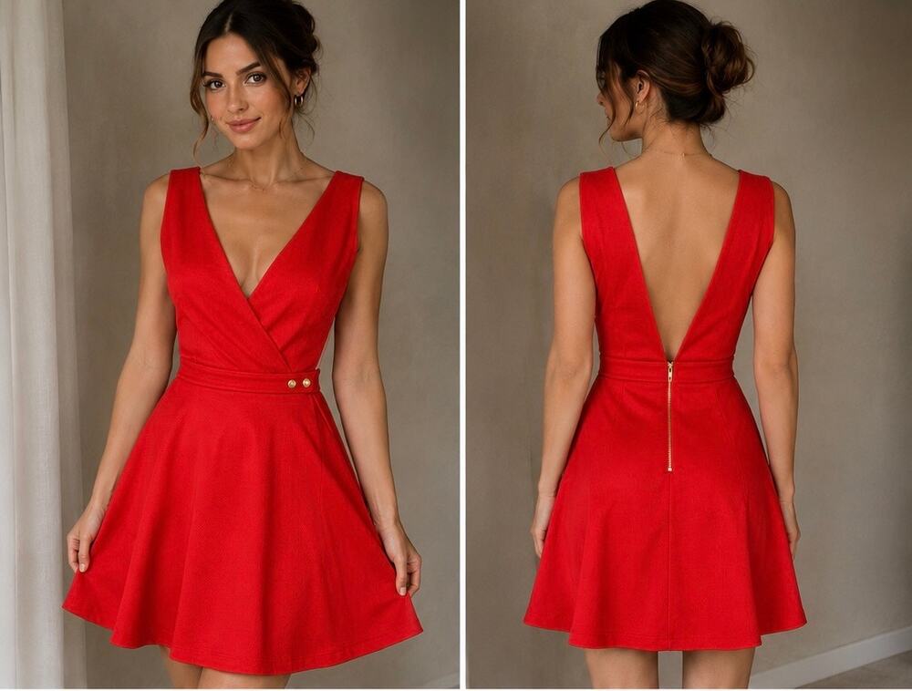 Mangano Red/Orange Open Back Skater Dress US 4 Deep V Fit & Flare Made in Italy